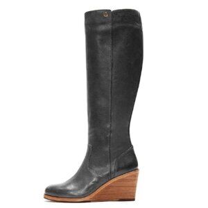 FSJ Black Side Zipper Wedge High Heel Point Toe Fancy Pull On Ladies Boot